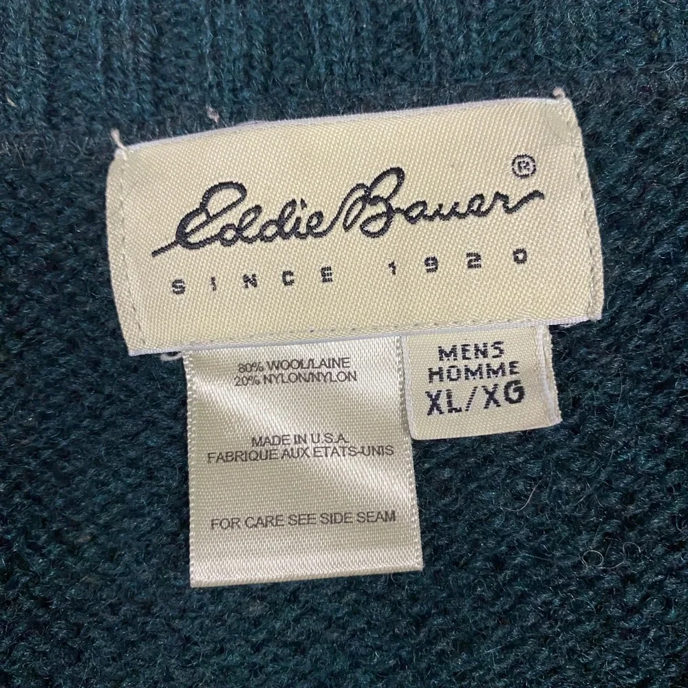Vintage Eddie Bauer Wool Blend V-Neck Sweater Mens XL Green Fair Isle USA Made